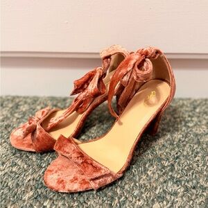 Qupid Velvet Bow-Tie Heels in Soft Pink